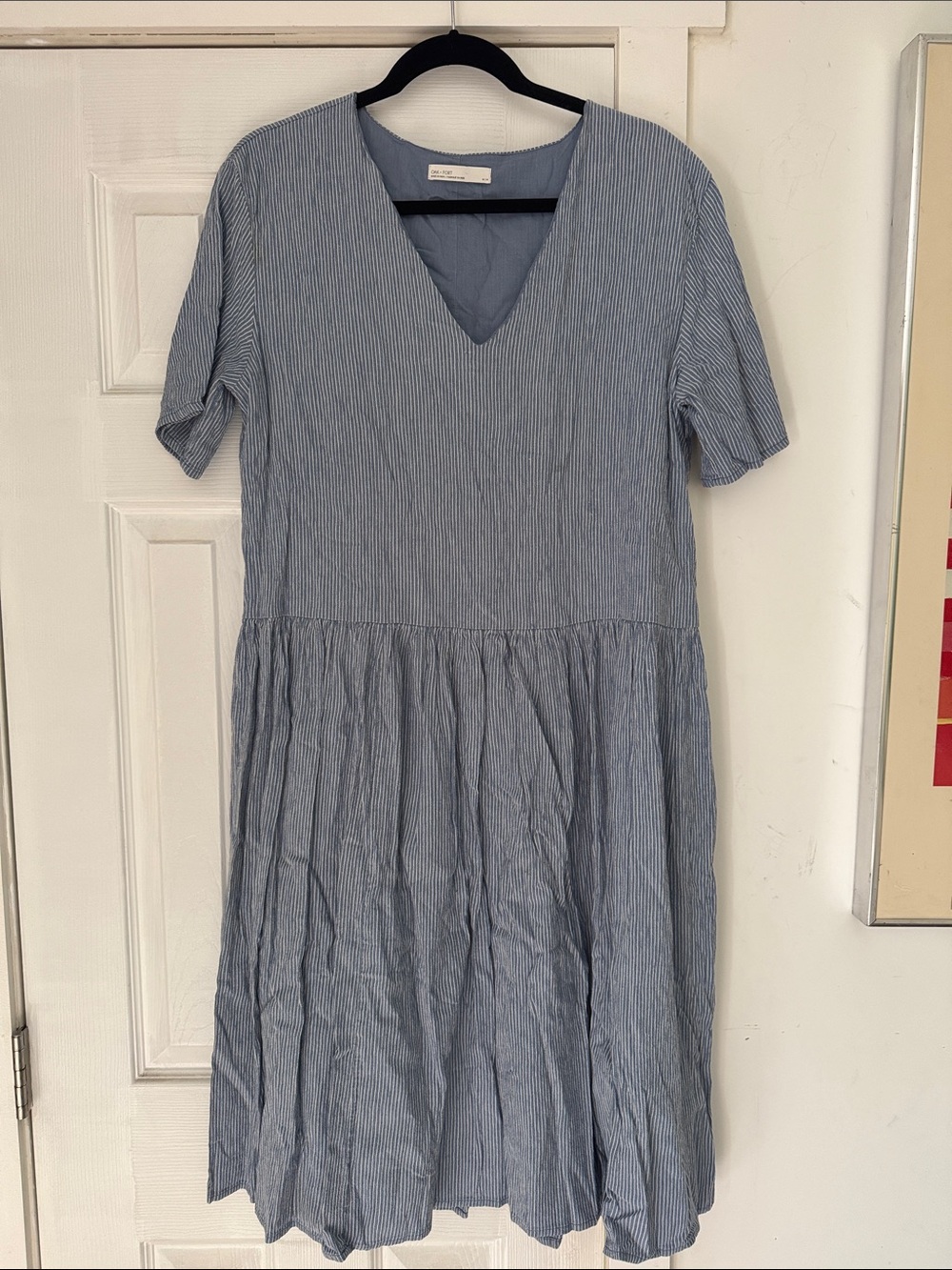 OAK + FORT Blue and White Striped V‑Neck Midi Dress
